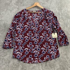 Hinge Shirt Women Size 1 Burgundy Top Floral Print Career Boho Basic Long Sleeve
